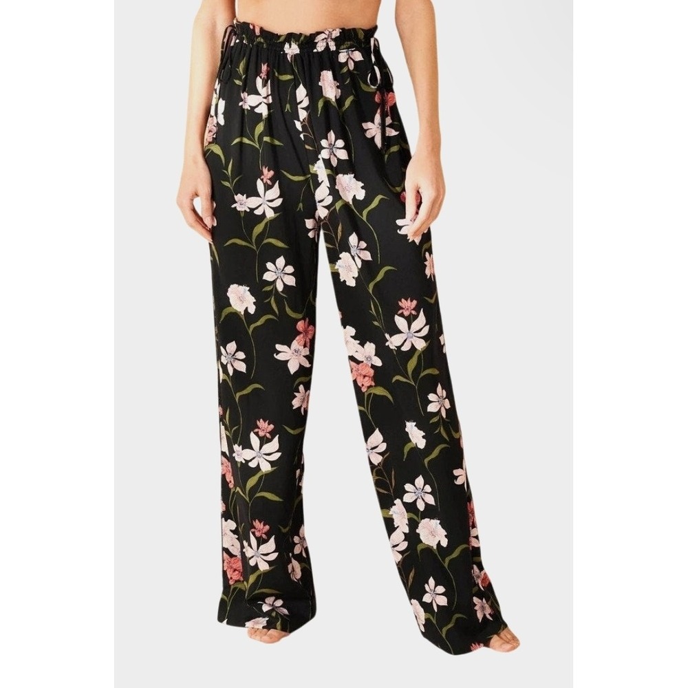 Shade & Shore Floral Wide Leg Pants Womens XL Black Rayon Beach CoverUp Tie Side